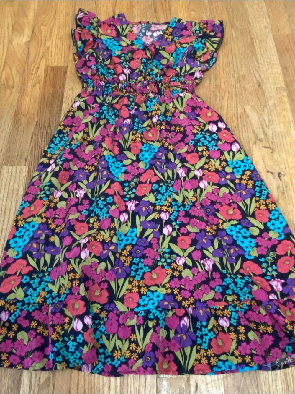 SHEIN Tween Girls Colorful Floral Flutter Sleeve Smock Dress 11/12